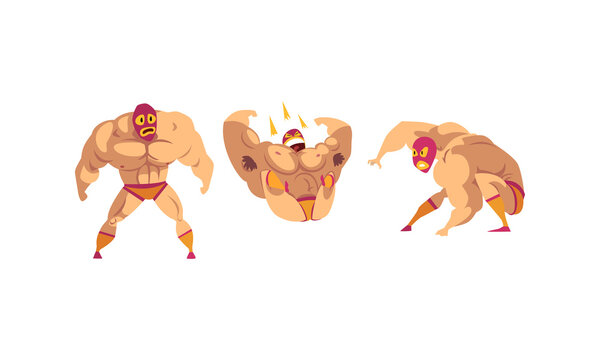 Mexican Wrestler Characters Set, Battle Acrobat Fighters in Mask Cartoon Vector Illustration