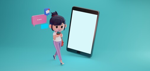 3D render illustration of cute teenager girl character using smartphone while walking with many message icons and giant mobile phone