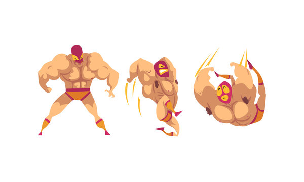 Masked Mexican Wrestlers in Various Poses Set, Battle Acrobat Fighters Cartoon Vector Illustration