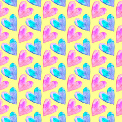 Seamless pattern with watercolor pink blue hearts. Romantic love hand drawn backgrounds texture. For greeting cards, wrapping paper, wedding, birthday, fabric, textile, Valentines Day, easter