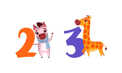 Two and Three Numbers with Cute Zebra and Giraffe, Birthday Anniversary Numerals with Funny Animals Cartoon Vector Illustration