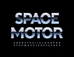 Vector steel logo Spce Motor. 3D glossy Font. Silver metal Alphabet Letters and Numbers set