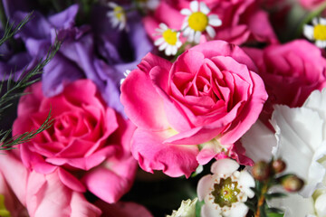 Beautiful luxury spring bouquet of mixed flowers. The work of the florist. Romantic concept. Close up. Spring banner. Easter and spring greeting card. Woman day concept. Copyspace for text.