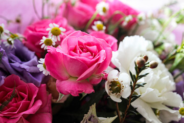 Beautiful luxury spring bouquet of mixed flowers. The work of the florist. Romantic concept. Close up. Spring banner. Easter and spring greeting card. Woman day concept. Copyspace for text.