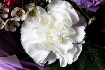 Beautiful luxury spring bouquet of mixed flowers. The work of the florist. Romantic concept. Close up. Spring banner. Easter and spring greeting card. Woman day concept. Copyspace for text.