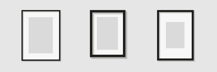 Set of black photo or picture frames with white mat and shades isolated on gray background. Vector illustration. Wall decor. Rectangle vertical photo frames - obrazy, fototapety, plakaty