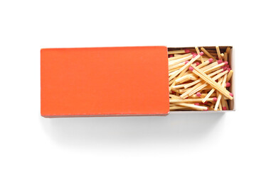 Box with matches on white background