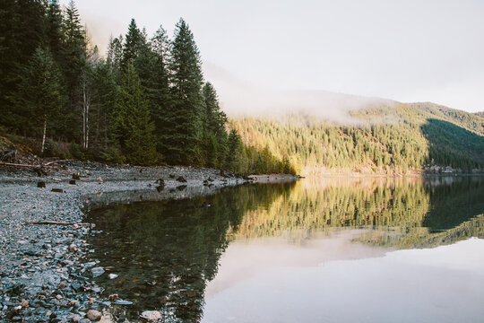Quiet shoreline of a mountain lake.