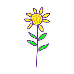 Flowers in a deliberately childish style. Imitation child drawing. Kid sketch, painting felt-tip pen or marker. Kid painted, handmade craft isolated on white. Sunflower. Vector illustration