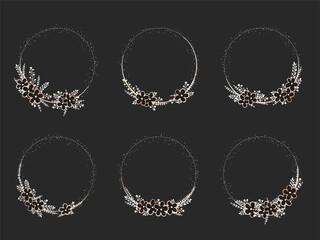 Vector set of frames with hand drawn flowers and floral elements. Decorative wreaths collection. Gold and black elements.