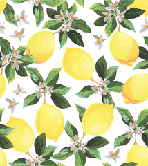 Lemon citrus vector pattern. Botanical vector illustration. Summer background. Floral design.