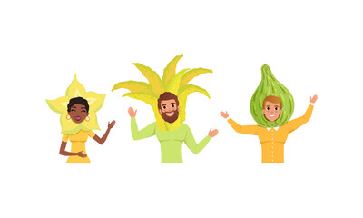 Smiling People in Fruit Headdress, Happy Persons Wearing Feijoa, Citron, Carambola, Headgears Cartoon Vector Illustration