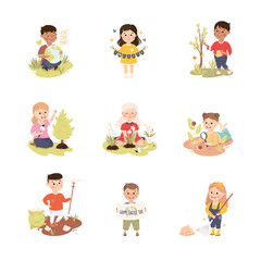Kids Taking Care of Nature Set, Children Collecting and Sorting Garbage, Planting Tree Saplings, Save the World, Ecology Concept Cartoon Vector Illustration