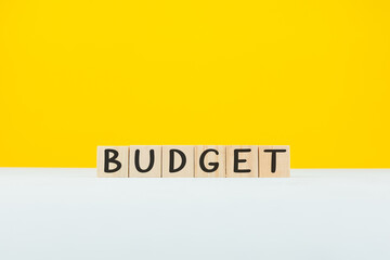 The wood block with words BUDGET. Marketing concept