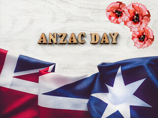 Fototapeta na wymiar Anzac Day. Lest We Forget. Beautiful greeting card. Close-up, view from above. National holiday concept. Congratulations for family, relatives, friends and colleagues