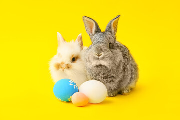 Cute rabbits and Easter eggs on color background