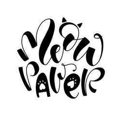 Meow pawer, black vector illustration isolated on white background, lettering with cute cat paw 