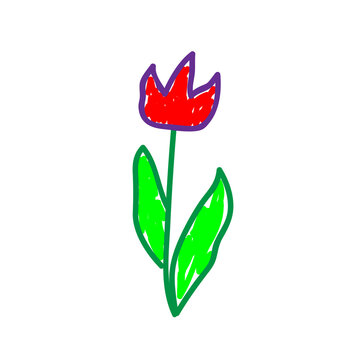Flowers in a deliberately childish style. Imitation child drawing. Kid sketch, painting felt-tip pen or marker. Kid painted, handmade craft isolated on white. Tulip. Vector illustration