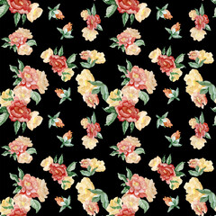 Vintage flowers. Peonies, tulips, lily, hydrangea on black. Floral background. Baroque style floristic illustration.