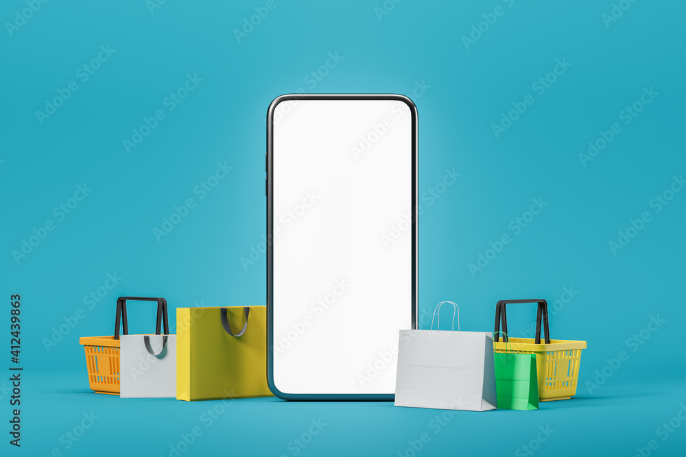 Poster smartphone with a white screen. concept of online store on the internet on a blue background. mock u