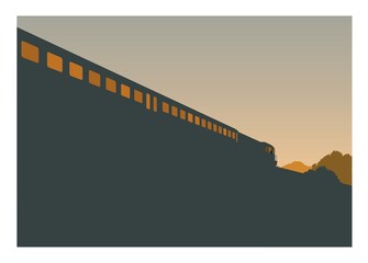 silhouette of passenger train in perspective view with mountain and sky background