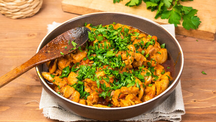 Chicken curry sprinkled with chopped parsley in a bowl on a wooden brown table with a kitchen board