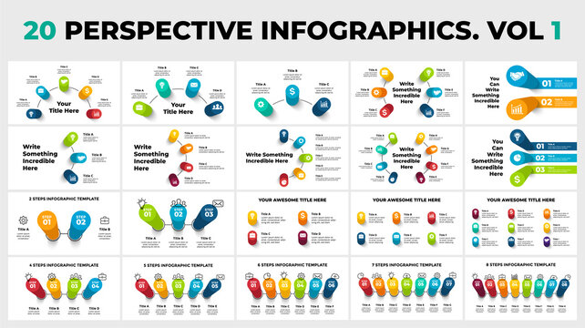 3D Vector Perspective Infographics Pack. 20 presentation slide templates. Circle diagrams and charts.