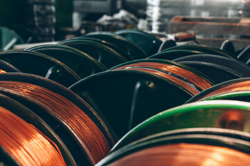 Copper wire reels in cable factory close up