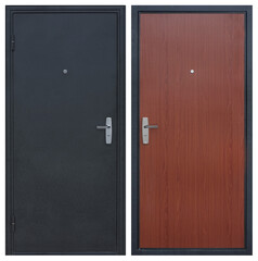 Model of entrance metal door isolated on white background: outside and inside