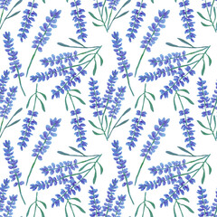 Seamless floral pattern with lavender on a white background. The illustration was done in watercolor. Can be used for fabric, wrapping paper, wallpaper, scrapbooking, covers, postcards.