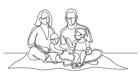 continuous line drawing of family of four sitting on picnic blanket in park wearing face masks