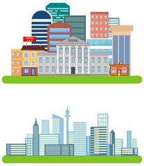Fototapeta premium Urban landscape. Two cityscapes on a white background. Vector, cartoon illustration. Vector.