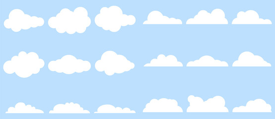 Clouds, large set of clouds isolated on a light blue background. Vector, cartoon illustration. Vector. - obrazy, fototapety, plakaty