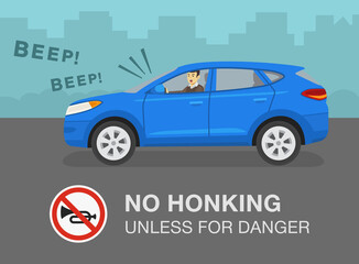 Aggressive and angry suv car driver is honking horn for no reason. Side view of a city street. No honking unless for danger warning design. Flat vector illustration template.
