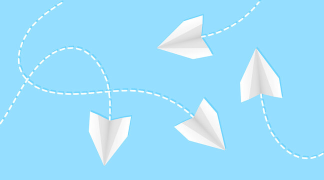 Paper white flying airplanes on a blue background with a flight path. Vector, cartoon illustration. Vector.