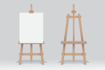 Wooden easel stand with blank canvas on white background