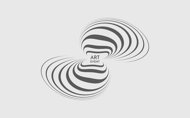 Abstract black and white striped figure. 3d geometric design. Optical art. Vector illustration with distortion effect.