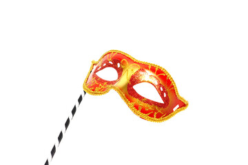  Red mask party or carnival Venetian mask with handle isolated on white background	
