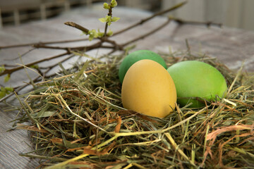 branch leaves three colored eggs in straw grass on the table on the table
