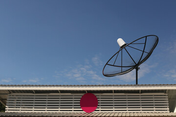 Satellite dish is on the roof of house.