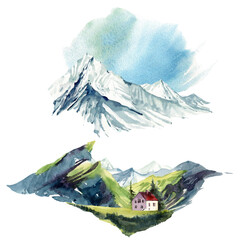 Watercolor mountains landscape with country house. - 412447261