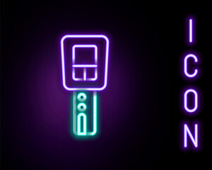 Glowing neon line Car key with remote icon isolated on black background. Car key and alarm system. Colorful outline concept. Vector.