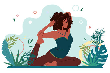 Obraz na płótnie Canvas African American woman in asana yoga position outdoors. Female in harmony with herself, mental and body health. Vector flat illustration