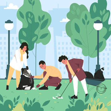 Young people are cleaning up garbage in a city park. Women and man save ecology, environment or nature. Flat vector illustration