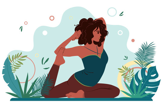 African American woman in asana yoga position outdoors. Female in harmony with herself, mental and body health. Vector flat illustration