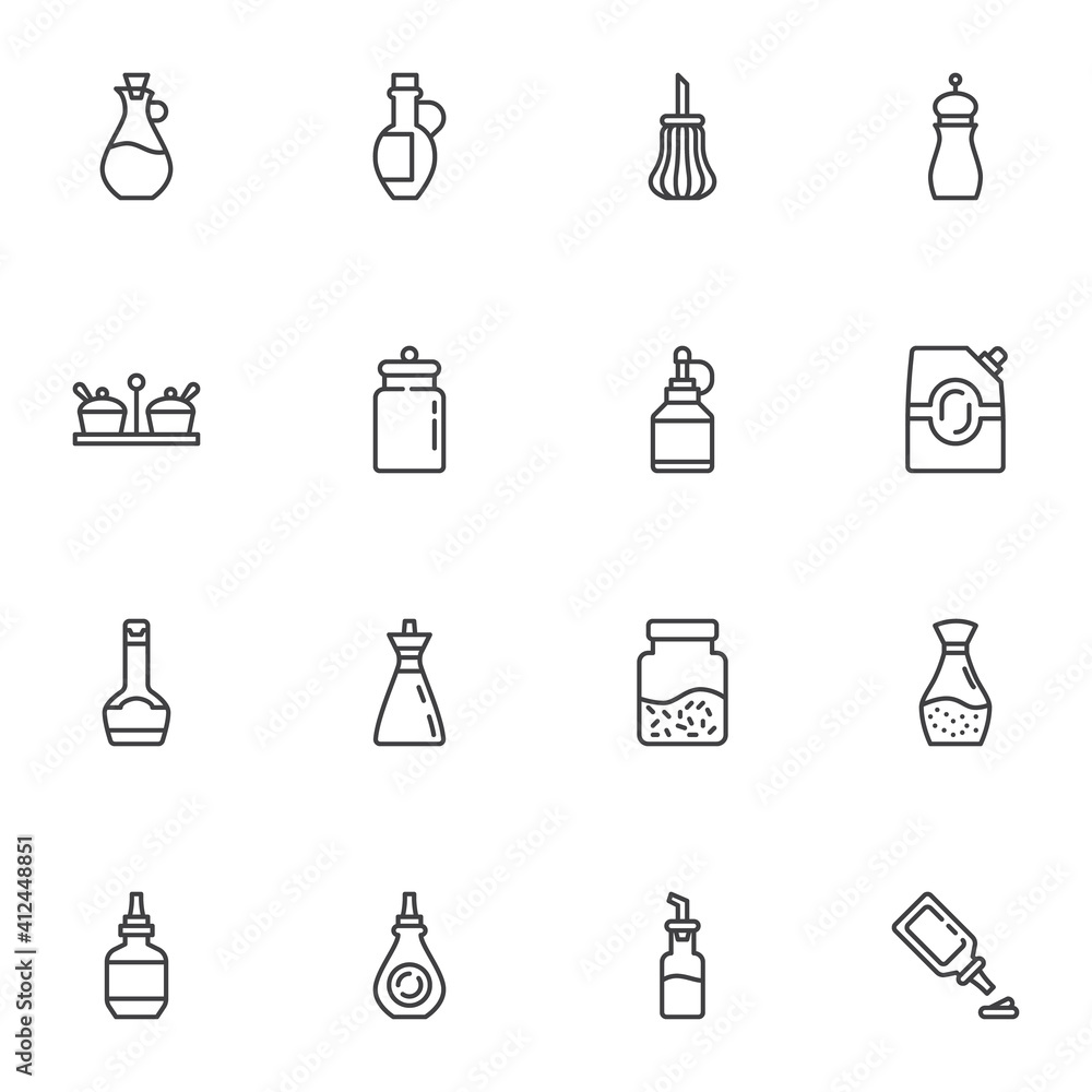 Poster condiment and spices line icons set, outline vector symbol collection, linear style pictogram pack. 