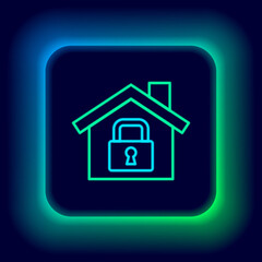 Glowing neon line House under protection icon isolated on black background. Home and lock. Protection, safety, security, protect, defense concept. Colorful outline concept. Vector.