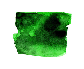 Watercolor dark green stain handmade paper texture isolated on white background. Wet brush painted striped stroke abstract illustration. Artistic design element for banner, template, print.