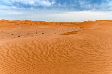 Picturesque desert landscape with dunes and dramatic sky