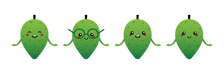 Set, collection of cute and smiling cartoon style soursop, guanabana fruit characters for tropical food design.
